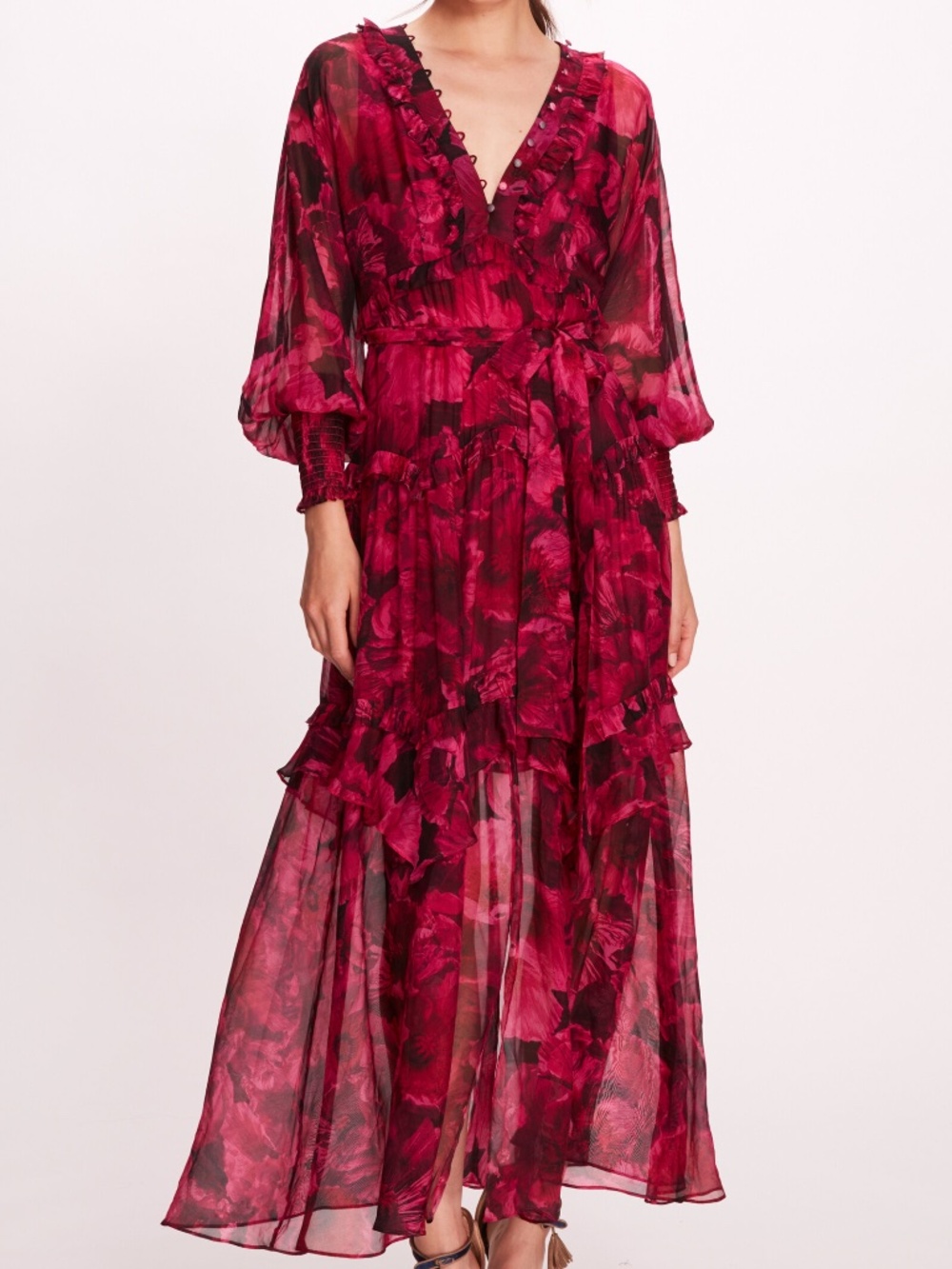 MARCHESA Rosa Leilani Floral Tiered Maxi Dress Long Sleeve V-Neck Fuchsia Size16